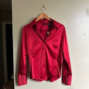 New York & Company Red Satin Button Down Shirt